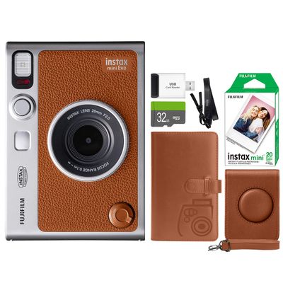 FUJIFILM INSTAX Mini EVO Hybrid Instant Camera Brown + Fuji Instax Film 20 Sheet + Custom Case & Album 32GB Micro SD Memory Card Accessory Bundle