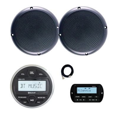 JBL PRV-175 Marine Gauge Hole Mount USB Bluetooth AM/FM Digital Stereo Receiver, Wired Remote, Extension Cable, 2x 5.25" 20 Watt Max Power Polycone Audio Speakers (Bulk Packaging)