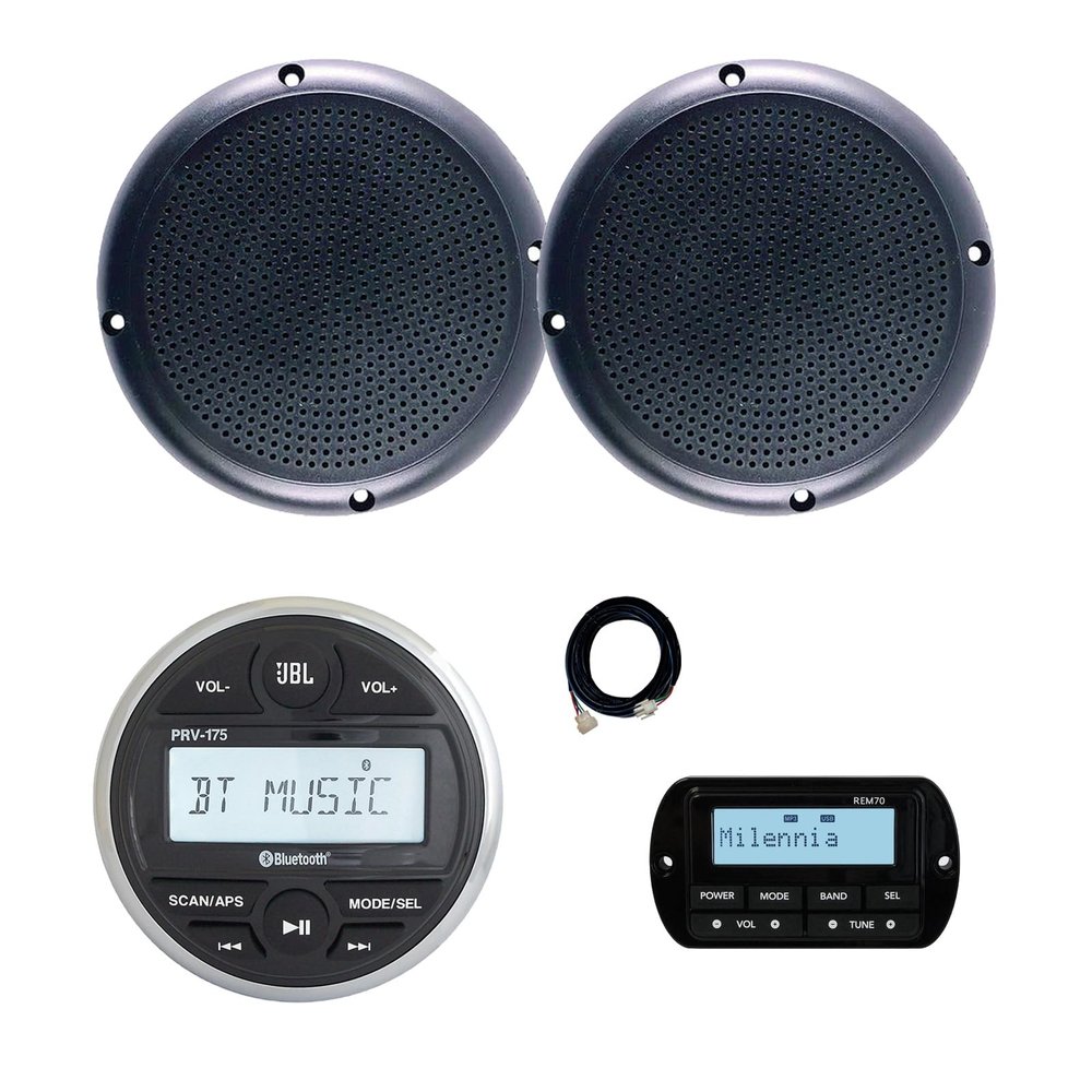 JBL PRV-175 Marine Gauge Hole Mount USB Bluetooth AM/FM Digital Stereo Receiver, Wired Remote, Extension Cable, 2x 5.25" 20 Watt Max Power Polycone Audio Speakers (Bulk Packaging)