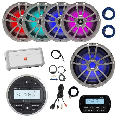 JBL PRV-175 Marine Gauge Style Bluetooth Stereo Receiver, Wired Remote, Extension, 4x 6.5" 225W Multicolor LED Boat Speakers (Titanium) 10" LED Subwoofer, Amplifier w/Kit, Antenna, USB Adapter, Wire