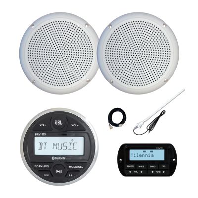 JBL PRV-175 Marine Gauge Hole Mount USB Bluetooth AM/FM Receiver, Wired Remote, Extension Cable, 2x 5.25" 20 Watt Max Power Polycone Audio Speakers, Long Range Antenna (White, Bulk Packaging)