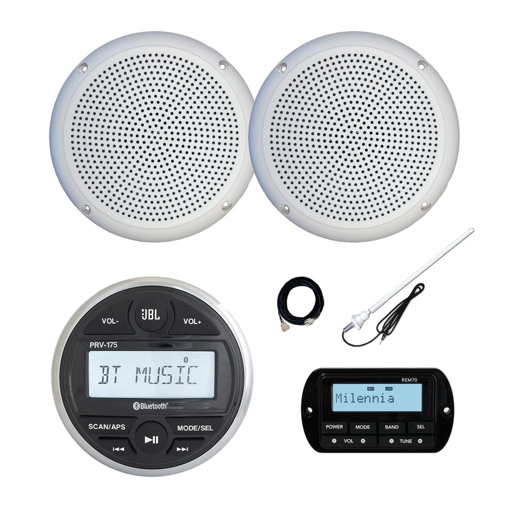 JBL PRV-175 Marine Gauge Hole Mount USB Bluetooth AM/FM Receiver, Wired Remote, Extension Cable, 2x 5.25" 20 Watt Max Power Polycone Audio Speakers, Long Range Antenna (White, Bulk Packaging)
