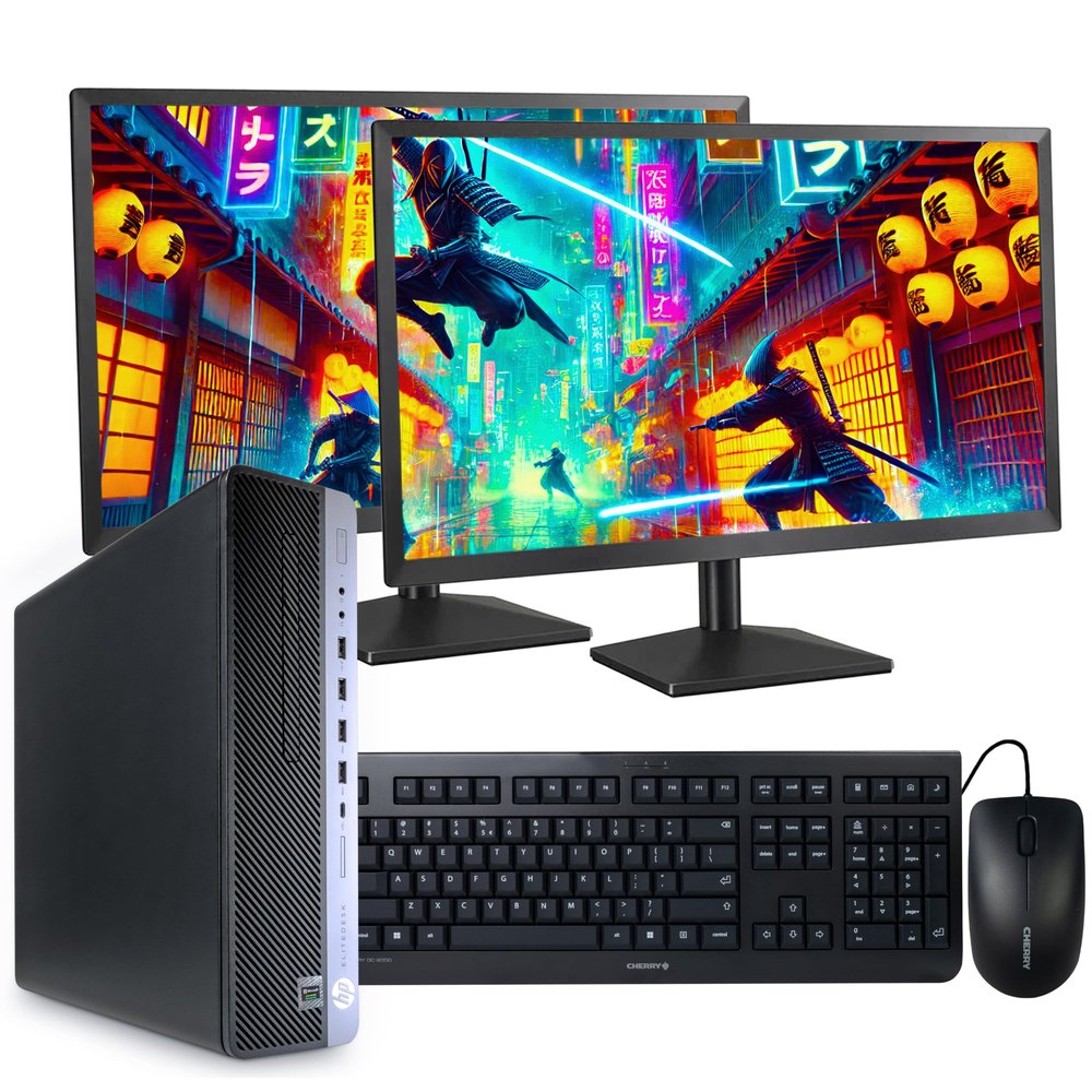 HP EliteDesk 800 G4 PC Computer, Intel i5-8500, Crucial 32GB DDR4 RAM, 1TB NVMe M.2, Windows 11 Pro, Internal WiFi 6 AX200, Cherry Keyboard & Mouse, Dual 24" LCD (Renewed) (800G4 + Dual 24" LCD Setup)