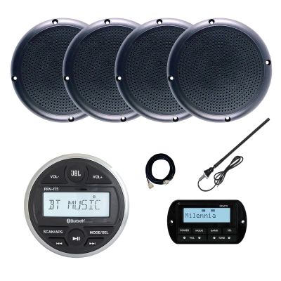 JBL PRV-175 Marine Gauge Hole Mount USB Bluetooth AM/FM Receiver, Wired Remote, Extension Cable, 4x 5.25" 20 Watt Max Power Polycone Audio Speakers, Long Range Antenna (Black, Bulk Packaging)