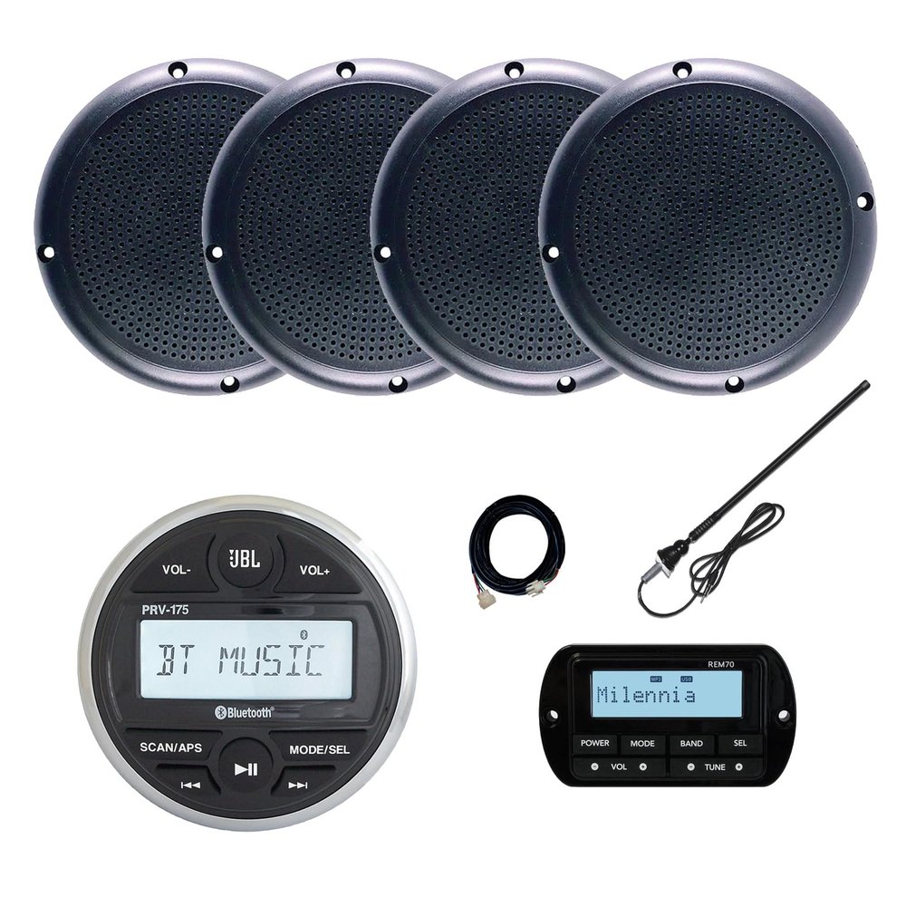 JBL PRV-175 Marine Gauge Hole Mount USB Bluetooth AM/FM Receiver, Wired Remote, Extension Cable, 4x 5.25" 20 Watt Max Power Polycone Audio Speakers, Long Range Antenna (Black, Bulk Packaging)