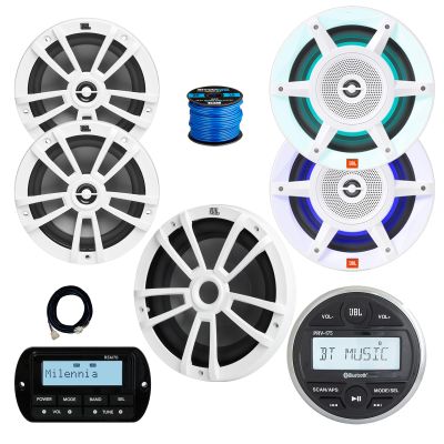 JBL PRV-175 Marine Gauge Hole Mount USB Bluetooth AM/FM Receiver, Remote, Extension Cable, Wire, 10" Subwoofer, 2x 8" 375W Max Multi-Element Speakers, 2x 6.5" 180W Boat Audio Speakers (White)