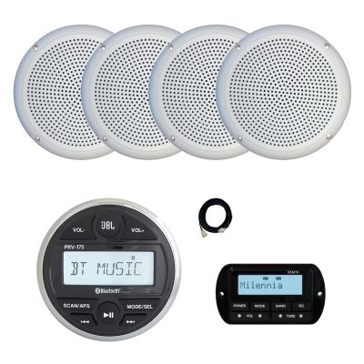 JBL PRV-175 Marine Gauge Hole Mount USB Bluetooth AM/FM Digital Stereo Receiver, Wired Remote, Extension Cable, 4x 5.25" 20 Watt Max Power Polycone Audio Speakers (White, Bulk Packaging)