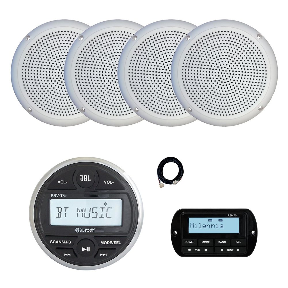 JBL PRV-175 Marine Gauge Hole Mount USB Bluetooth AM/FM Digital Stereo Receiver, Wired Remote, Extension Cable, 4x 5.25" 20 Watt Max Power Polycone Audio Speakers (White, Bulk Packaging)