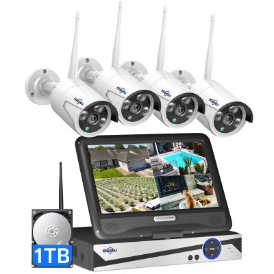 [10CH Expandable] Hiseeu Wireless Security Camera System with 10in LCD 4K Monitor, 4Pcs 5MP Outdoor Indoor Cameras with One-Way Audio, Waterproof, Motion Detect, 1TB HDD/Cloud Storage