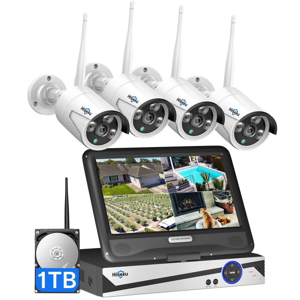 [10CH Expandable] Hiseeu Wireless Security Camera System with 10in LCD 4K Monitor, 4Pcs 5MP Outdoor Indoor Cameras with One-Way Audio, Waterproof, Motion Detect, 1TB HDD/Cloud Storage