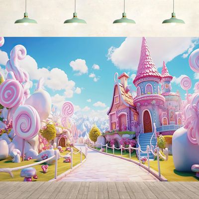 20x10ft Candy House Castle Backdrop Pink Lollipop Blue Sky Candy Pathway Marshmallow Fantasy Background Birthday Baby Shower Party Supplies Decor Kids Girl Portrait Photography Photo Studio Props
