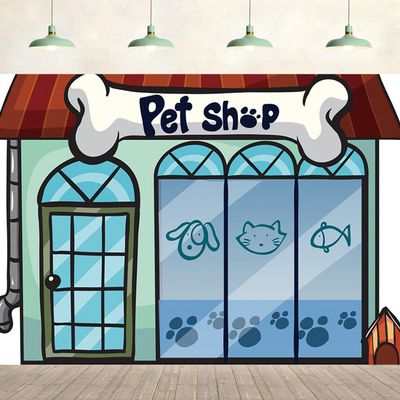 20x10ft Pet Shop Backdrop Cartoon Storefront Bone Dog Cat Fish Animal Puppy Store Photography Background Birthday Pet Party Supplies Kids Pets Portrait Wall Decoration Photo Studio Props