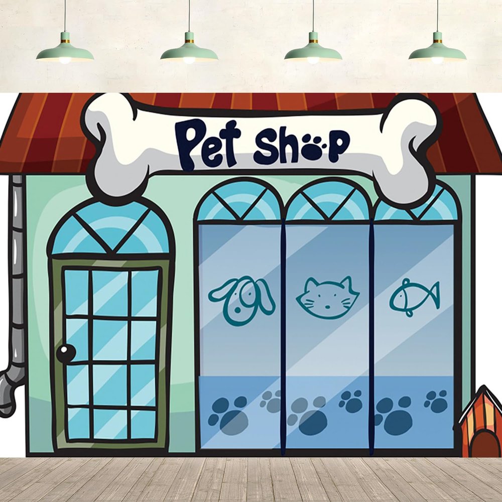 20x10ft Pet Shop Backdrop Cartoon Storefront Bone Dog Cat Fish Animal Puppy Store Photography Background Birthday Pet Party Supplies Kids Pets Portrait Wall Decoration Photo Studio Props