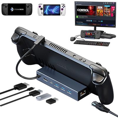 6-in-1 Docking Station for Steam Deck/ROG Ally/MSI Claw/Legion Go, Steam Deck Dock with HDMI 4K@60Hz, 100Mbps Ethernet, Triple USB-A and 100W Charge Compatible with Steam Deck OLED