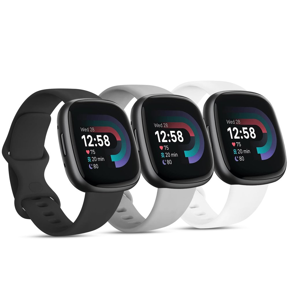 3 PACK Sport Band Compatible with Fitbit Sense 2 / Versa 4, Classic Soft Straps for Fitbit Sense / Versa 3 Smart Watch (Small,White/Gray/Black)