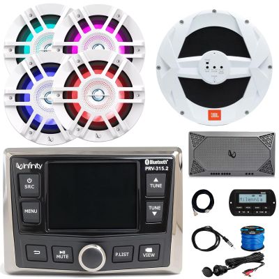 Infinity PRV-315.2 Marine Gauge Hole Mount USB Bluetooth AM/FM/WB Radio Receiver, Wired Remote & Cable, 4x 6.5" 300W Boat Speakers W/ Wire, 10" Subwoofer, 4-Channel Amplifier, Antenna, USB/AUX Adapter