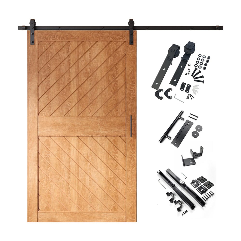Homacer Early American 42 in. x 84 in. Slanted Stripe Design 003 Barn Door with Non-Bypass Installation Hardware Kit, 7.5ft Track, Interior use only