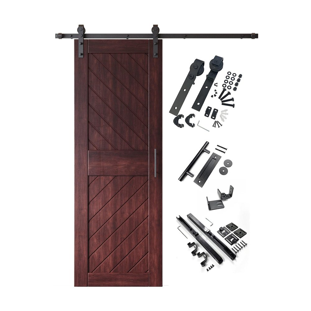 Homacer Red Mahogany 30 in. x 84 in. Slanted Stripe Design 004 Barn Door with Non-Bypass Installation Hardware Kit, 5.5ft Track, Interior use only