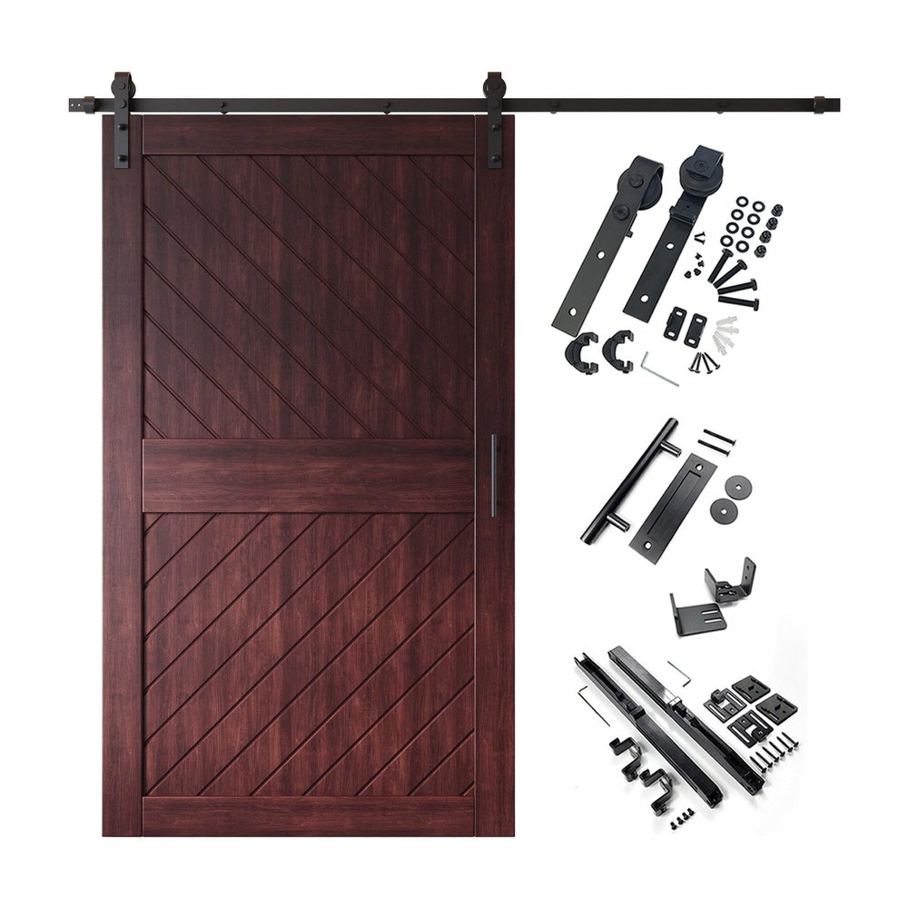 Homacer Red Mahogany 48 in. x 84 in. Slanted Stripe Design 004 Barn Door with Non-Bypass Installation Hardware Kit, 9ft Track, Interior use only
