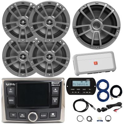Infinity PRV-315.2 Marine Gauge Hole Mount USB Bluetooth AM/FM/WB Radio Receiver, Remote W/ Cable, 4x 6.5" 180W Max Speakers W/ Wire, 10" Subwoofer, 5-CH Amplifier W/ Kit, Antenna, AUX/USB Adapter