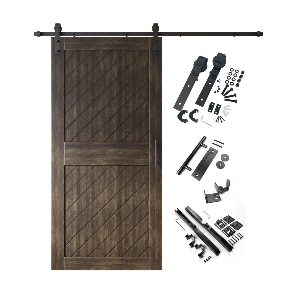 Homacer Ebony 36 in. x 84 in. Slanted Stripe Design 001 Barn Door with Non-Bypass Installation Hardware Kit, 6.6ft Track, Interior use only