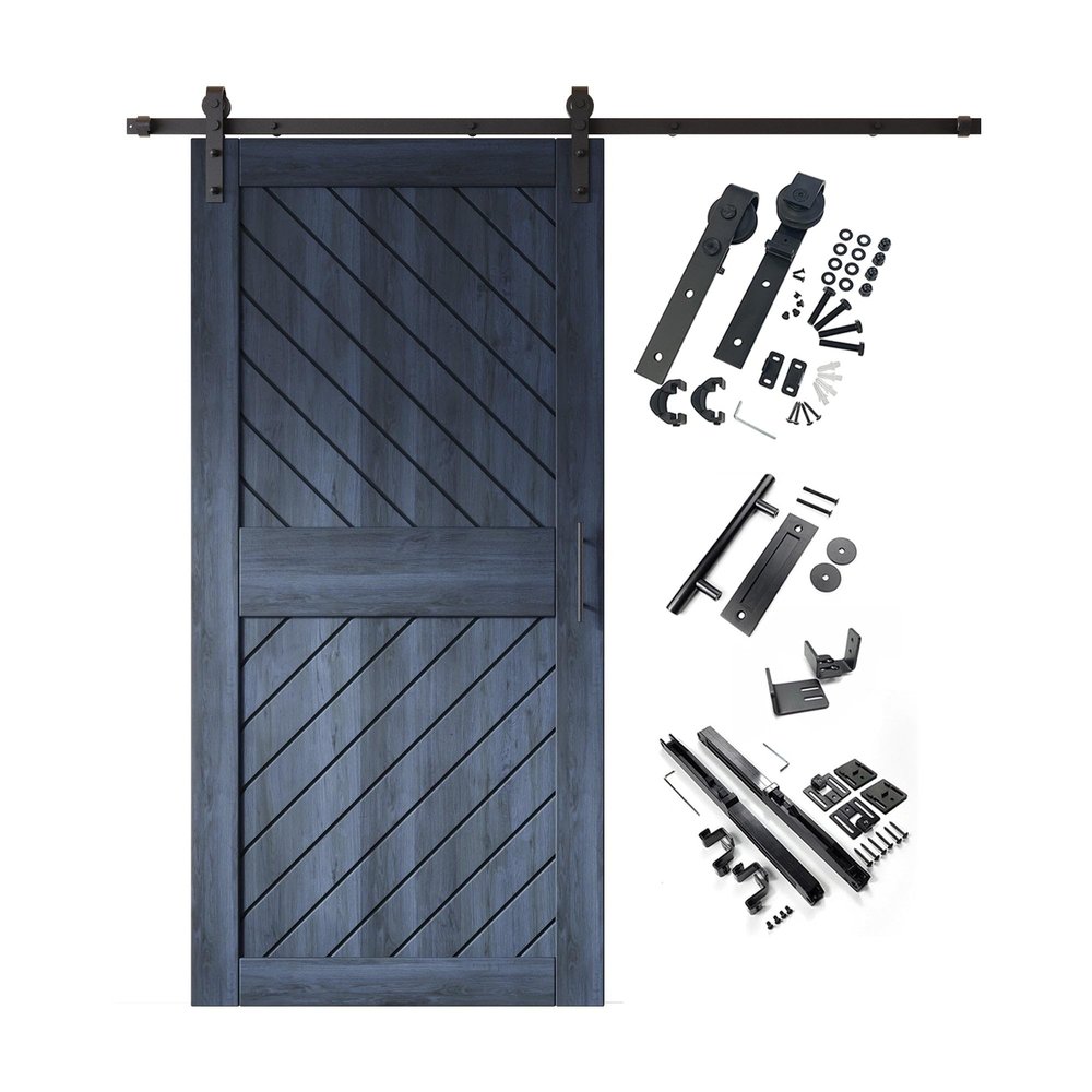 Homacer Navy 40 in. x 84 in. Slanted Stripe Design 004 Barn Door with Non-Bypass Installation Hardware Kit, 7ft Track, Interior use only