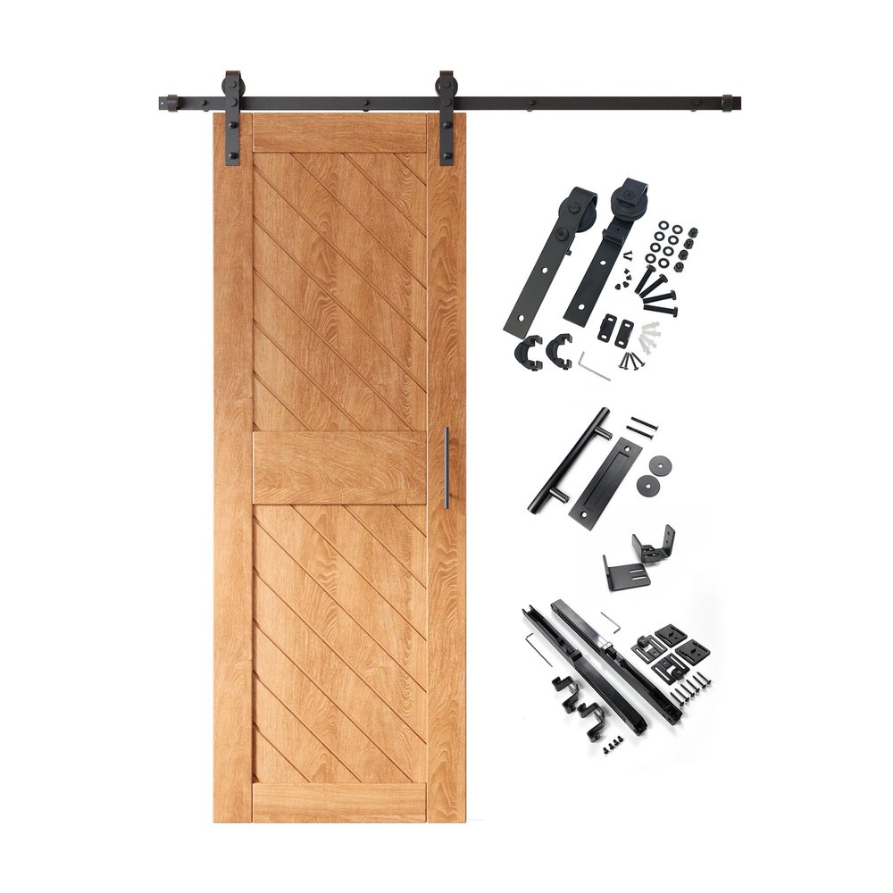 Homacer Early American 30 in. x 84 in. Slanted Stripe Design 002 Barn Door with Non-Bypass Installation Hardware Kit, 5.5ft Track, Interior use only