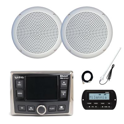 Infinity PRV-315.2 Marine Gauge Hole Mount USB Bluetooth AM/FM/WB Radio Receiver, Wired Remote, Extension Cable, 2x 5.25" 20 Watt Polycone Audio Speakers, Long Range Antenna (White, Bulk Packaging)