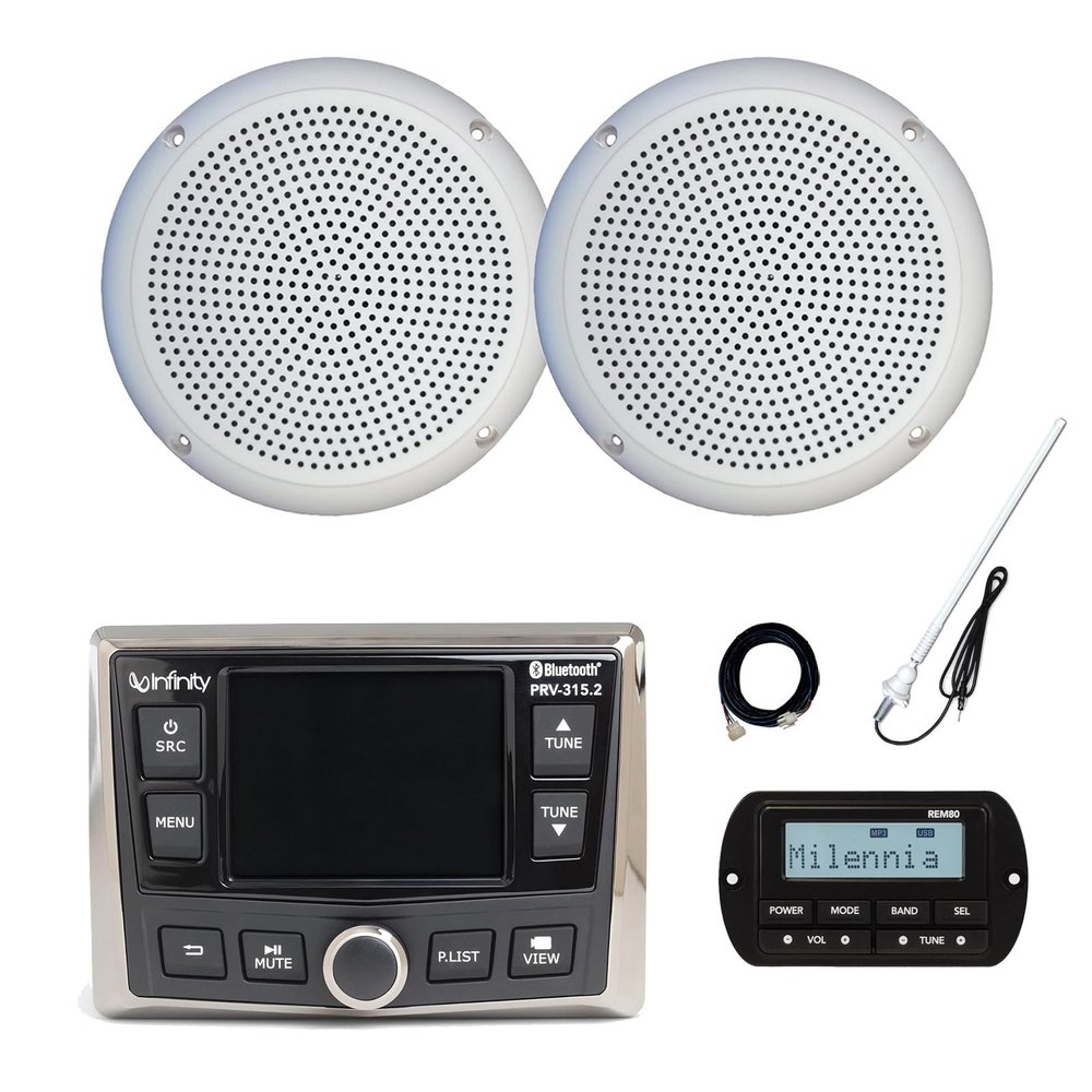 Infinity PRV-315.2 Marine Gauge Hole Mount USB Bluetooth AM/FM/WB Radio Receiver, Wired Remote, Extension Cable, 2x 5.25" 20 Watt Polycone Audio Speakers, Long Range Antenna (White, Bulk Packaging)