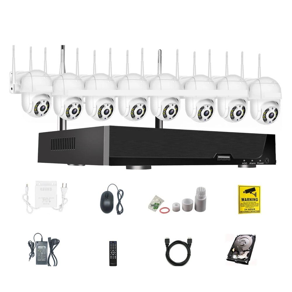 QDVOPHZA CCTV Wireless Security Monitoring System 8CH POE NVR Kit IP 3MP PTZ/Bulltet Camera TwoWay Audio Color Night Vision Surveillance(None,8CH 8PCS PTZ)