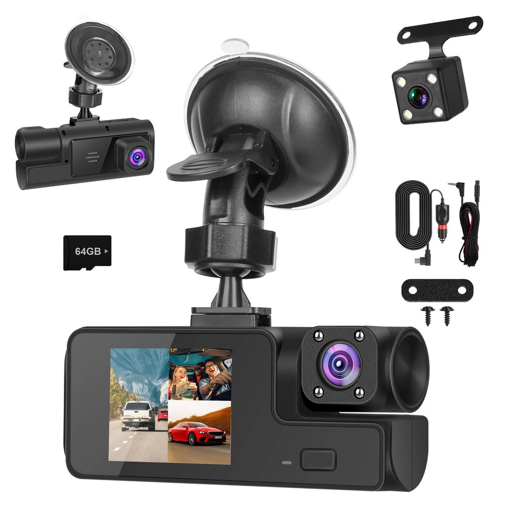 3 Channel Dash Camera Front and Rear Inside,1080P HD Dash Cam Car DVR Video Recorder with 64GB Card,170 Wide Angle,WiFi,Super Night Vision, Loop Recording, Motion Detection, 24H Parking Mode