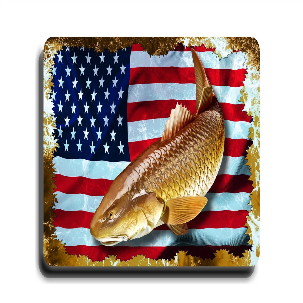 American Flag Redfish Red Drum Spottail Bass Saltwater Fishing Sticker Decal (5"x8" Single)
