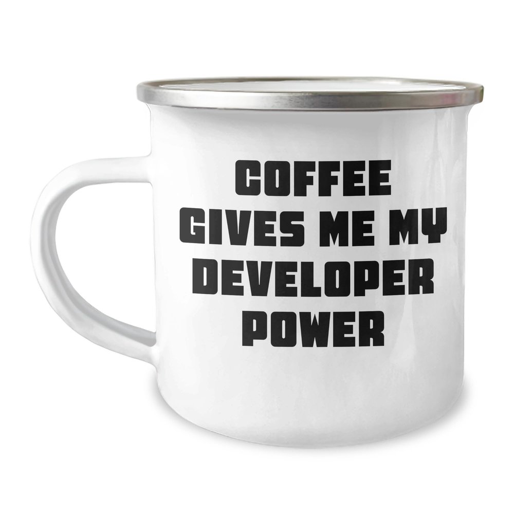 Developer Camping Mug - 'Coffee Gives Me My Developer Power' - Christmas Unique Gifts for Men, Women, Friends, Coworkers, Family