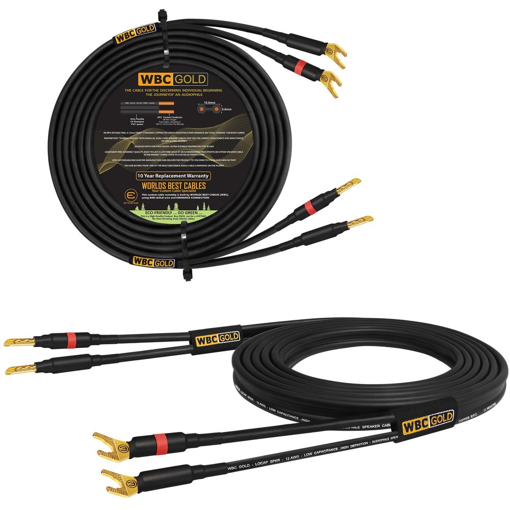 WORLDS BEST CABLES 4 Foot WBC-GOLD-LOCAP-SPKR-12 AWG - Low-Capacitance - Low-Inductance - High Purity OFC - Audiophile HiFi Speaker Cable Pair with Eminence Gold Banana (x2) & Spade (x2) Plugs