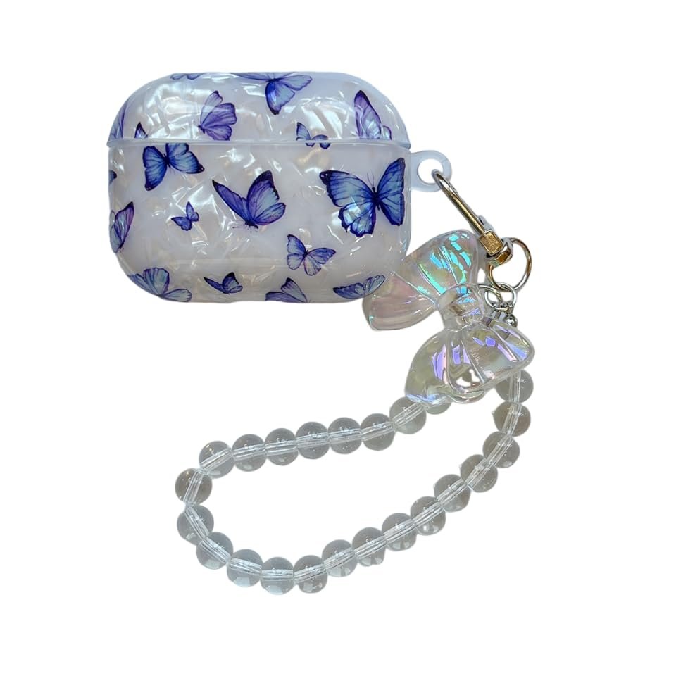 Unique Lovely Fashion Blue Butterfly Pattern Case with Pendant for AirPods 4 Cover Case for Women Men for AirPods 4