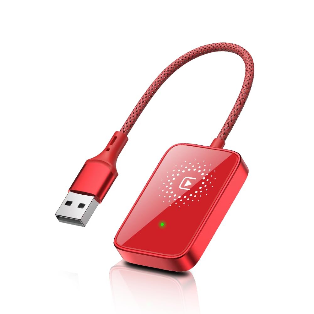 Wirelesss Adapter, 10 Meters Range Plug and Play 5.0GHz Fast Transmission with Voice Control Capabilities, Compatible with Over 98% Car for iOS, Only Suitable for iOS, ABS (Red)