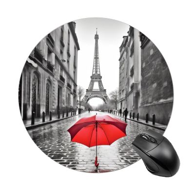 Mouses Pad Computer Mouses Mat Round Cute Mouses Pad with Design Non-Slip Desk Pad Laptop Desk Eiffel Tower Paris Red Umbrella Mat for Office Home Gaming Working