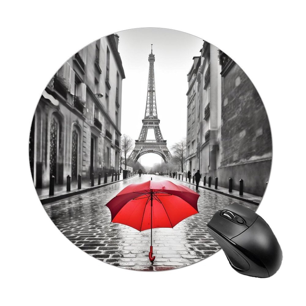 Mouses Pad Computer Mouses Mat Round Cute Mouses Pad with Design Non-Slip Desk Pad Laptop Desk Eiffel Tower Paris Red Umbrella Mat for Office Home Gaming Working