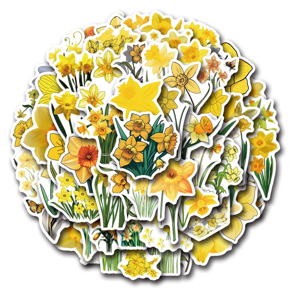 Flower: Daffodil Stickers Pack, 60PCs Yellow Flower Vinyl Decals, Aesthetic Waterproof Vinyl Decals, Stickers for Hydro Flask, Laptop, Water Bottle, Gift for Adults (Daffodil)