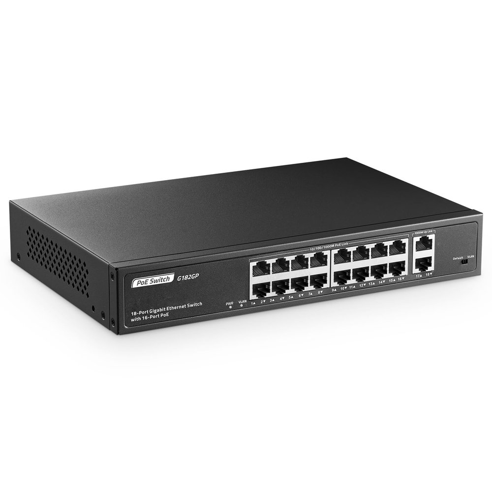 18 Port Gigabit PoE Switch, 16 Ggiabit PoE+, 2 GE Uplink, IEEE802.3af/at Max 250W, YuLinca Unmanaged Plug&Play Desktop Rackmount Ethernet Switch
