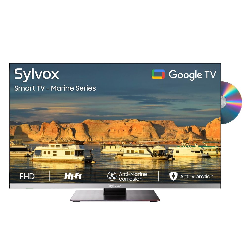 SYLVOX 12V TV, 22 inch Smart TVs with DVD Player, 1080P FHD Television for Marine, RVs, Campers, AC/DC Powered, DC 9-32V Wide Voltage, Google TV Compatible, 2 HDMI & 2 USB, Frameless Design