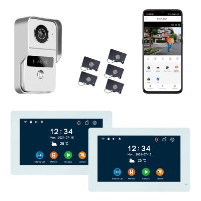 2pin-Wired 2MP HD Indoor 7" WiFi Monitor Smart Home Video Doorbell Intercom System, Remote APP Phone Unlock Video Record Motion Detect 2-Way Talk IR Camera Door Bell 1x doorbell + 2X 7in Monitor