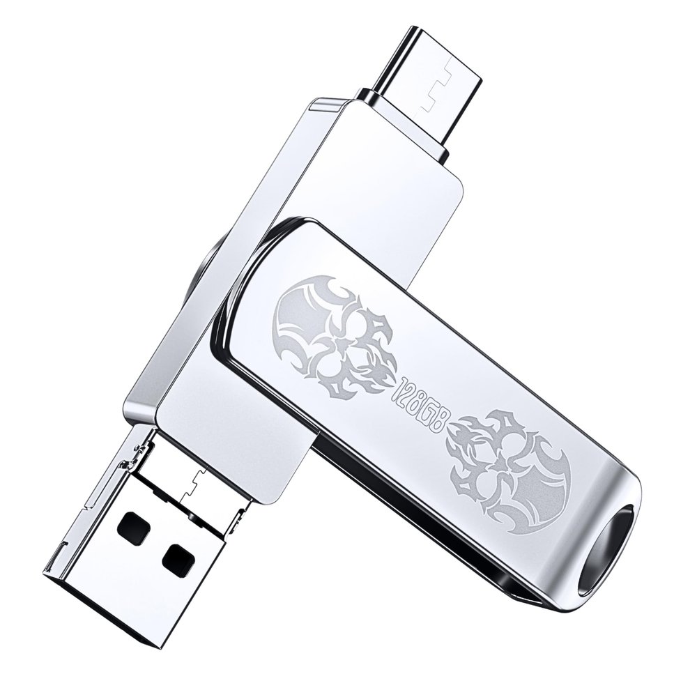 128GB Flash Drive for iPhone, Instant Use No Setup, FYRIS MFi Certified USB-A USB-C Lightning Thumb Drive for baclup Photo, Video, File compatiable iPad, Android, MacBook, PC (Skull)
