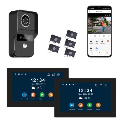 2pin-Wired 2MP HD Indoor 7" WiFi Monitor Smart Home Video Doorbell Intercom System, Remote APP Phone Unlock Video Record Motion Detect 2-Way Talk IR Camera Door Bell 1x doorbell + 2X 7in Monitor