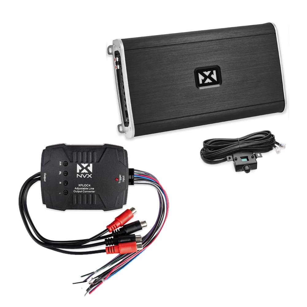 NVX VAD27001 5400W Max Class D Monoblock Amplifier + NVX XFLOC4 4-Channel Line Output Converter Bundle  High Power, Bass Boost, Remote Subwoofer Knob for Car/Truck/Marine/UTV