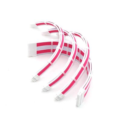 Chunsu Bend PSU Extension Cable Kit 1x24Pin,1xCPU/at 8Pin(4+4P), 2xGPU 8(6+2) Pin PCIE 180Degree Inner Curve 20cm 30cm(20cm,White Pink)