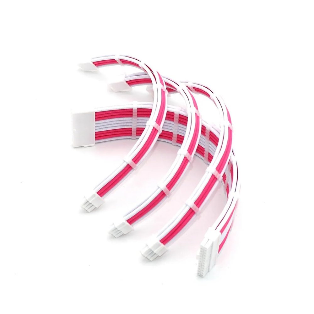 Chunsu Bend PSU Extension Cable Kit 1x24Pin,1xCPU/at 8Pin(4+4P), 2xGPU 8(6+2) Pin PCIE 180Degree Inner Curve 20cm 30cm(20cm,White Pink)
