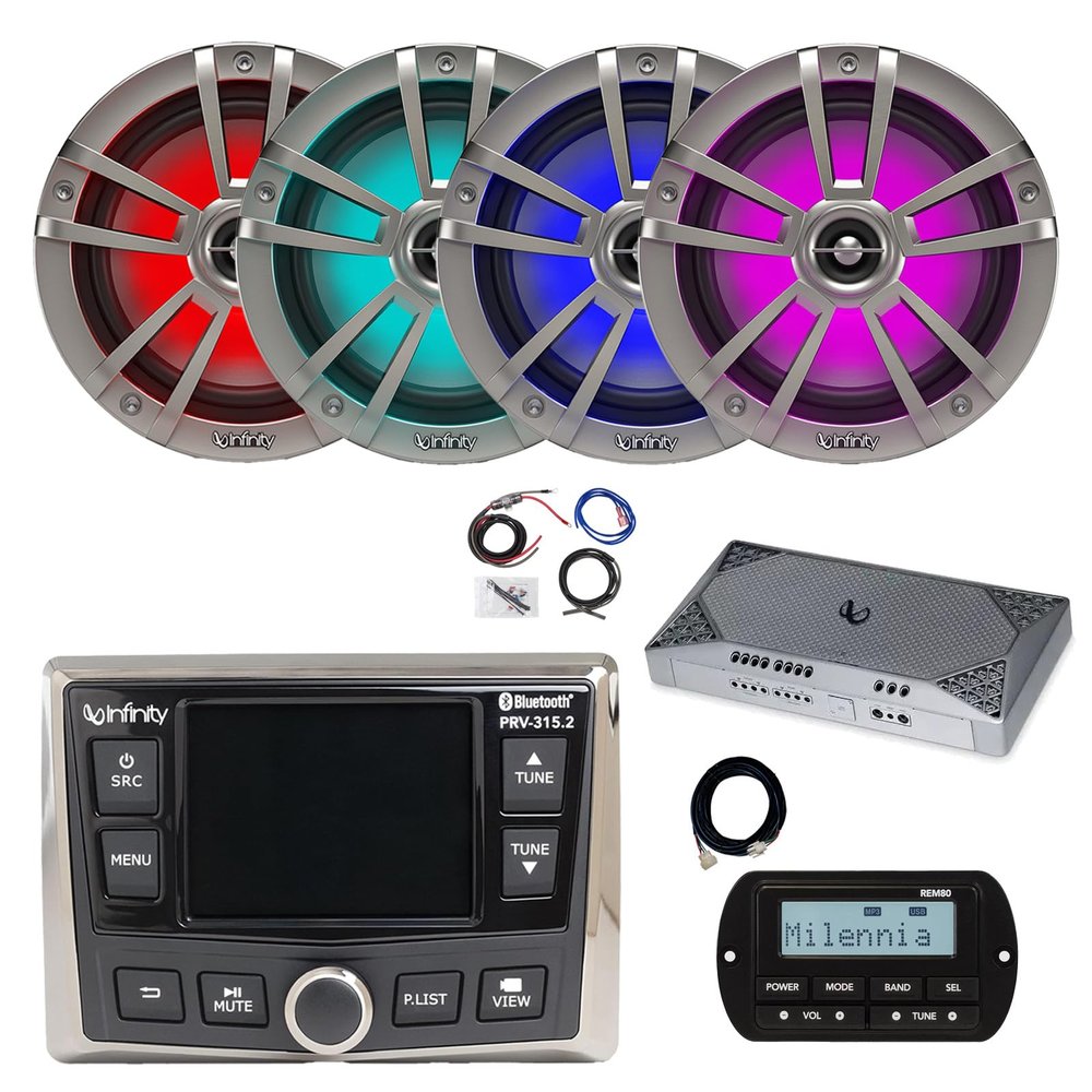 Infinity PRV-315.2 Marine Gauge Style Bluetooth AM/FM/WeatherBand Radio Receiver, Wired Remote, Extension, 4-Channel Amplifier w/Kit, 4x 6.5" 225 Watt Max Multicolor LED Boat Audio Speakers (Titanium)