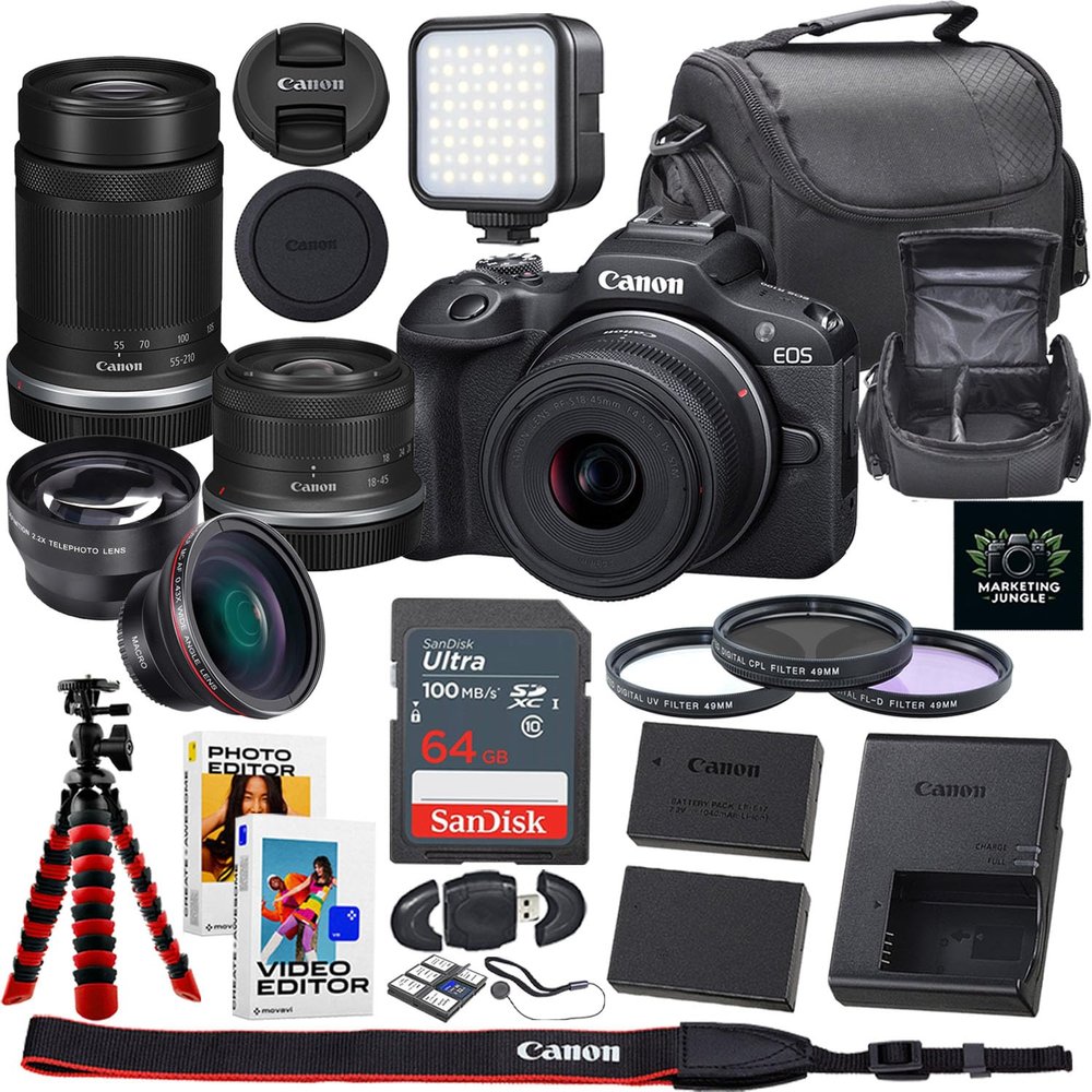 Canon EOS R100 Mirrorless Camera + Canon RF-S 18-45mm f/4.5-6.3 IS STM and RF-S 55-210mm f/5-7.1 IS STM Lens + Camera Case + Extra Battery + 64GB Memory + More (21pc Bundle) (Renewed)