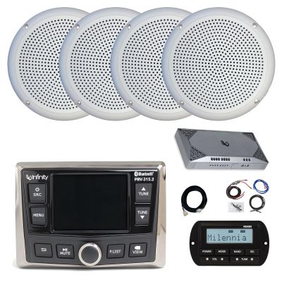 Infinity PRV-315.2 Marine Gauge Hole Mount USB Bluetooth AM/FM/WB Radio Receiver, Wired Remote, Extension, 4-Channel Amplifier w/Kit, 4x 5.25" 20 Watt Polycone Audio Speakers (White, Bulk Packaging)